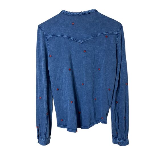 Lucky Brand Button Up Top Red Embroidered Flowers Size M - Picture 2 of 3